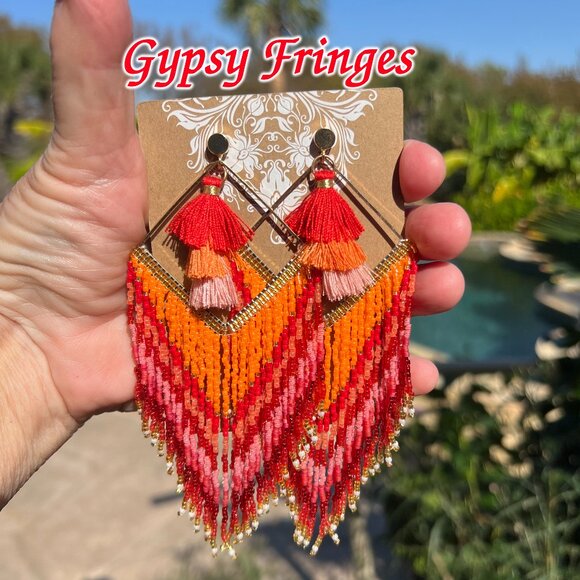 Handmade Beaded Long Tassel Fringe Dangle Drop Bohemian Post Diamond Earrings - Picture 9 of 9